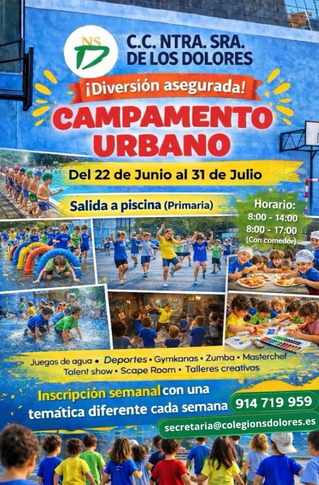 Cartel oficial del Campamento Urbano NSD Verano 2026 — C.C. Ntra. Sra. de los Dolores, Carabanchel